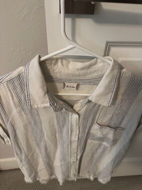 Striped Short-Sleeve Button-Up Shirt - White with Navy Stripes altard state